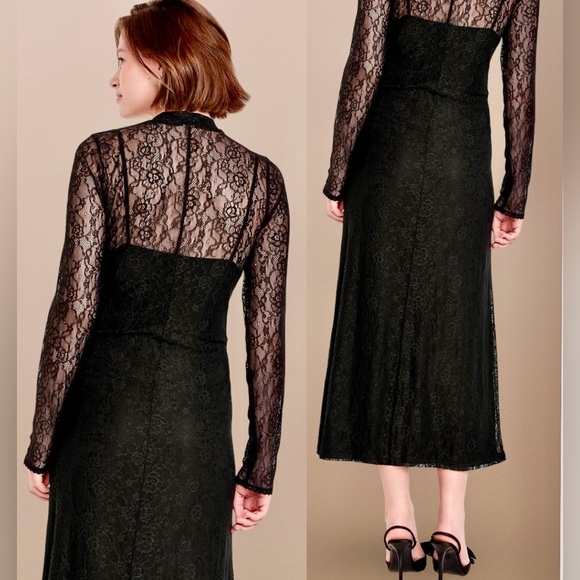 NWTS🌹THE OCCASION XL🌹BLACK LACE MIDI DRESS BLACK SLIP LACE OVERLAY LONG SLEEVES - Picture 7 of 16